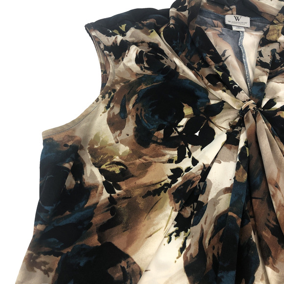 Worthington Women’s Sleeveless Crossover Blouse 1X Stretch Brown Blue Floral Top - Picture 3 of 16